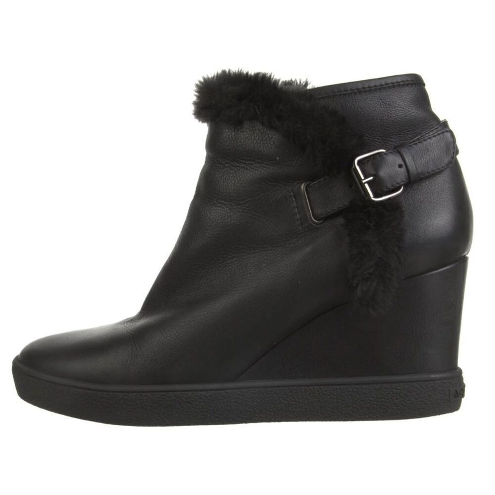 Aquatalia Black Cameron Faux Fur waterproof Wedge Bootie BOOTS sz 6.5